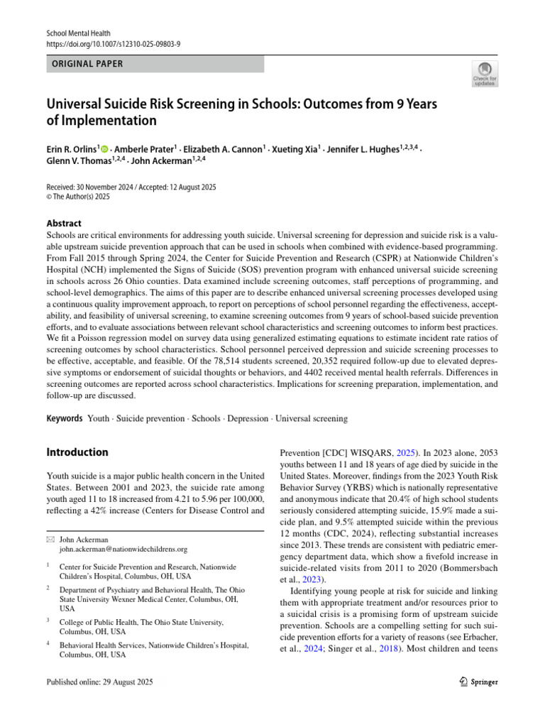 Universal Suicide Risk Screening in Schools | PDF | Mental Health | Suicide