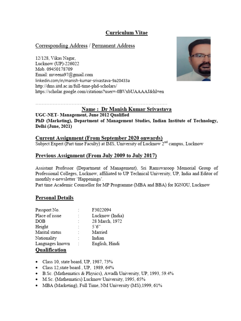 Dr. Manish Kumar Srivastava CV | PDF | Marketing