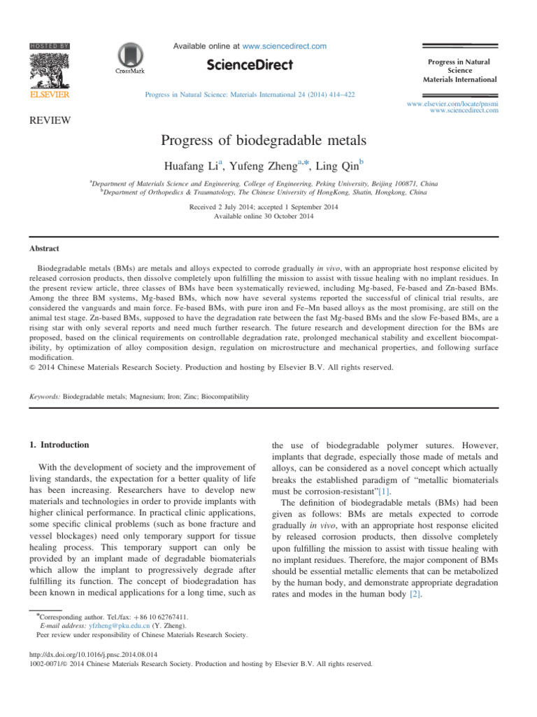 2014 Review Progress of Biodegradable Metals | PDF | Magnesium | Corrosion