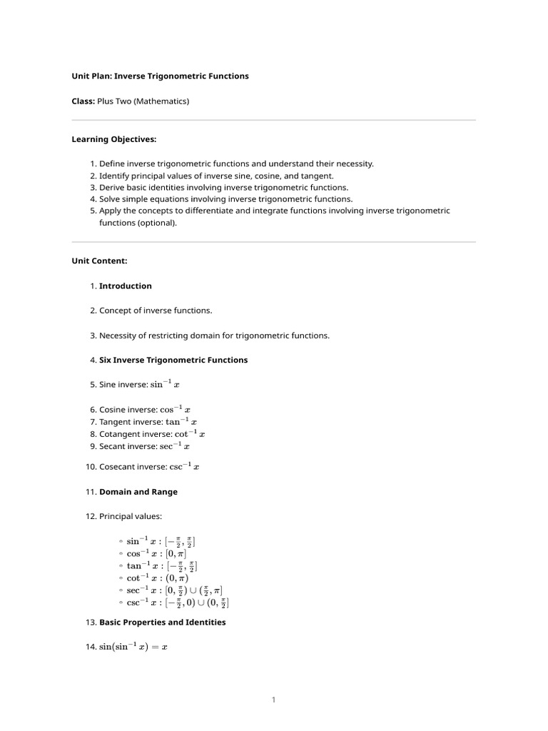 Inverse Trigonometric Functions Unit Plan | PDF | Trigonometric ...