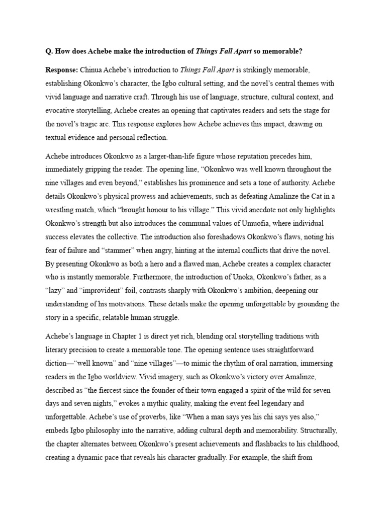 Achebe's Memorable Introduction in Things Fall Apart | PDF | Igbo ...