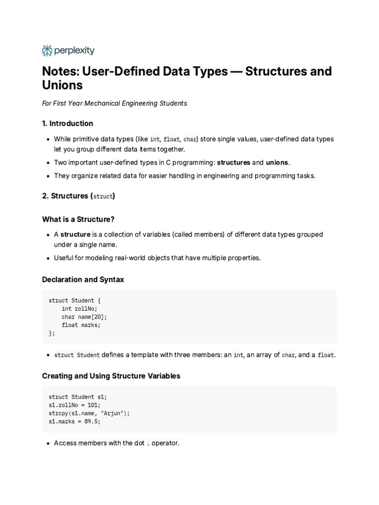 4.3.Notes_ User-Defined Data Types — Structures and Un | PDF | Data ...