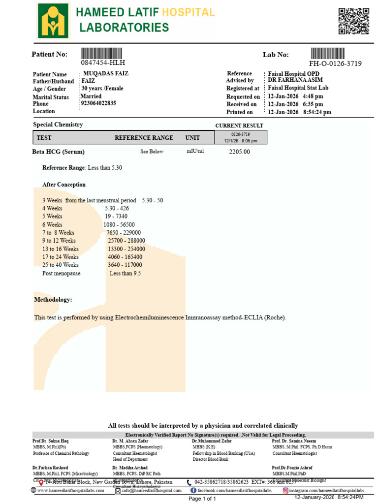 Beta HCG Test Results for Muqadas Faiz | PDF | Life Sciences | Health Care