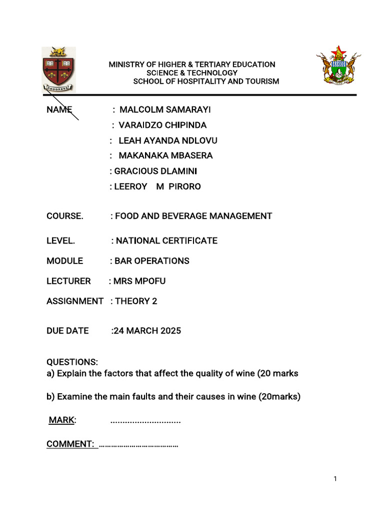 Bar Operations Cover Page | PDF