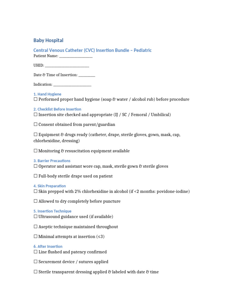 CVC Insertion Bundle Pediatric BabyHospital | PDF