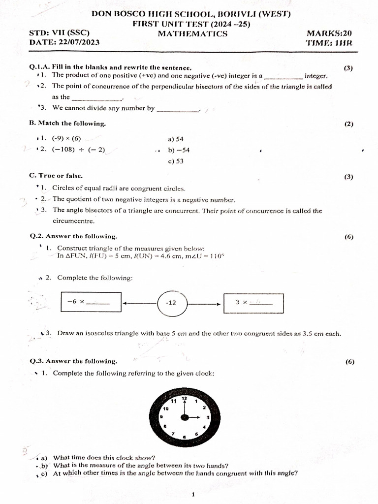 7th SSC Maths Ut 1 Don Bosco Manan | PDF