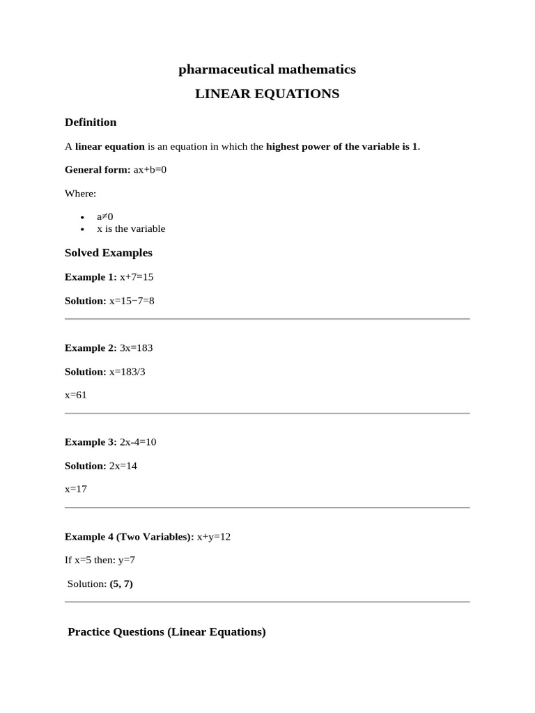 Pharmaceutical Mathematics: Equations Guide | PDF