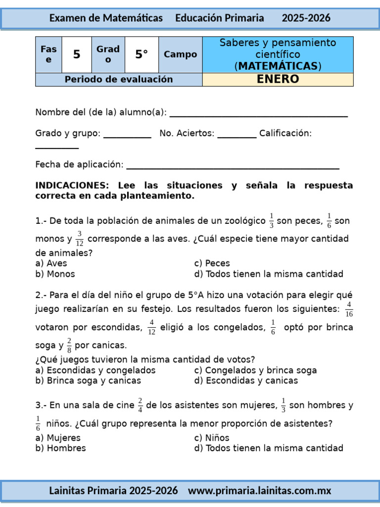Examen de Matemáticas 5° Primaria 2025-2026 | PDF | Matemáticas