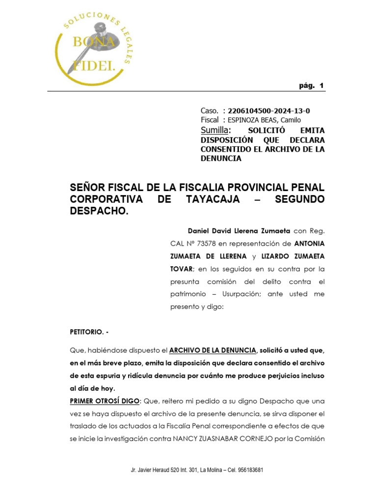 SOLICITO DECLARE CONSENTIDO EL ARCHIVO DE LA INVESTIGACIÓN | PDF
