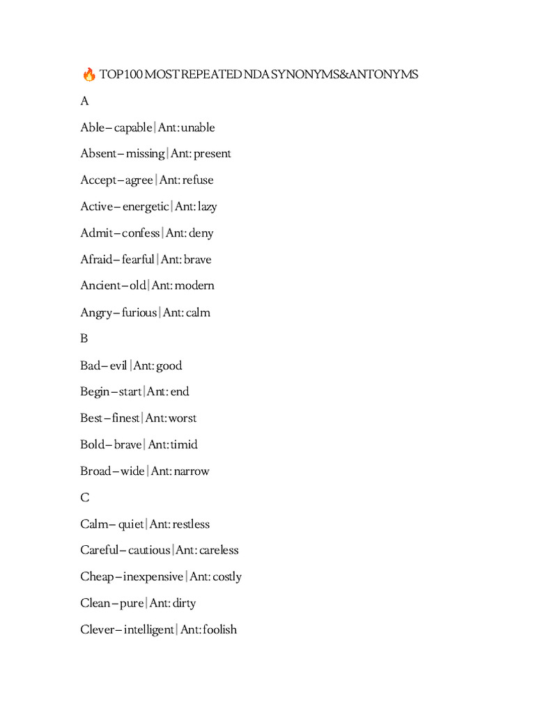 Top 100 Synonyms and Antonyms List | PDF