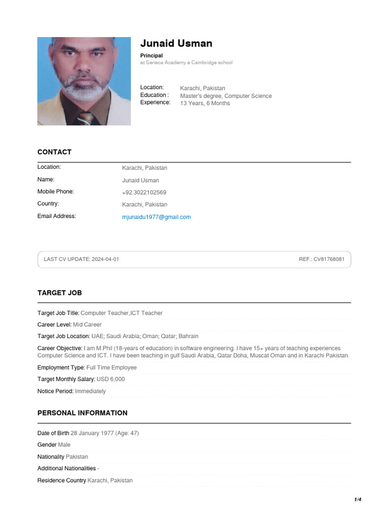 Cv81768081 Junaid Usman Computer Teacherict Teacher (1) | PDF | Pakistan
