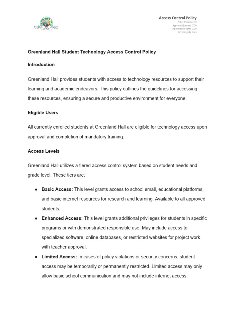 Greenland Hall Tech Access Policy Guide | PDF | Access Control | Security