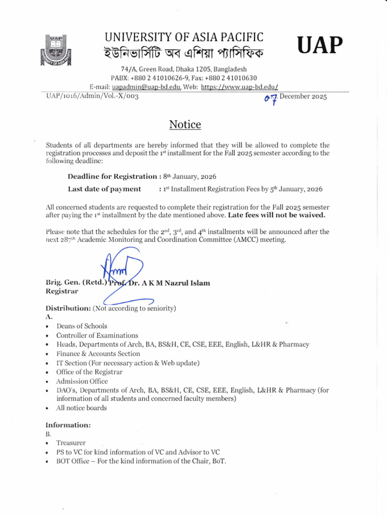UAP Fall 2025 Registration Notice | PDF