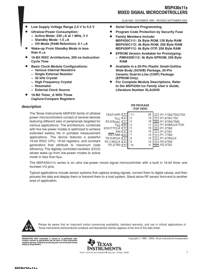 MSP430 Datasheet | Electrical Engineering | Digital Electronics