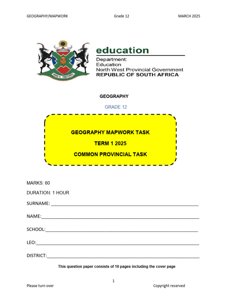 Grade 12 Geography Mapwork Task 2025 | PDF | Geographic Information ...
