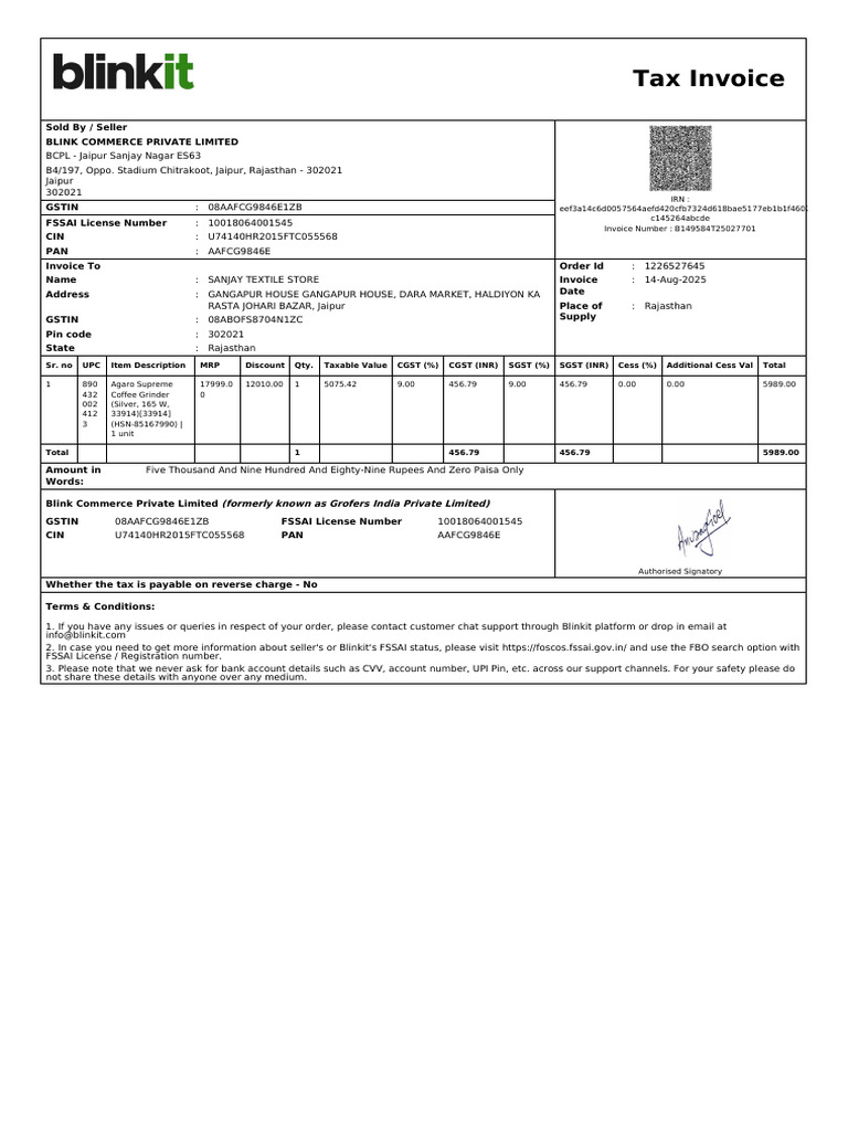 Tax Invoice for Sanjay Textile Store | PDF | Taxes | Payments