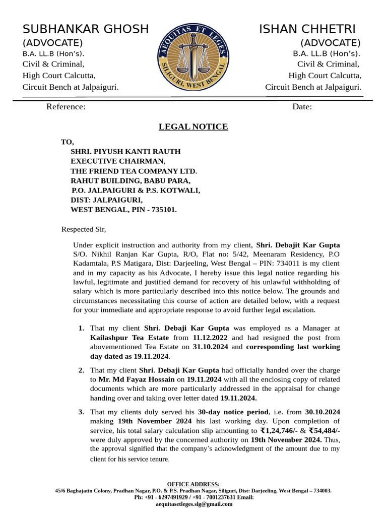 Legal Notice for Salary Recovery | PDF
