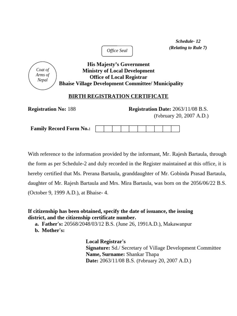 Birth Registration Certificate for Prerana Bartaula | PDF
