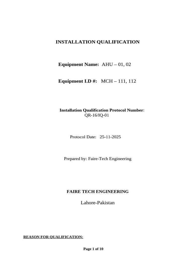AHU Installation Qualification Protocol | PDF | Duct (Flow ...