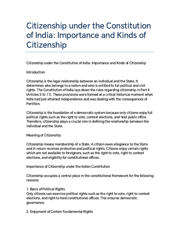 Indian Citizenship: Types and Importance | PDF | Citizenship | Justice