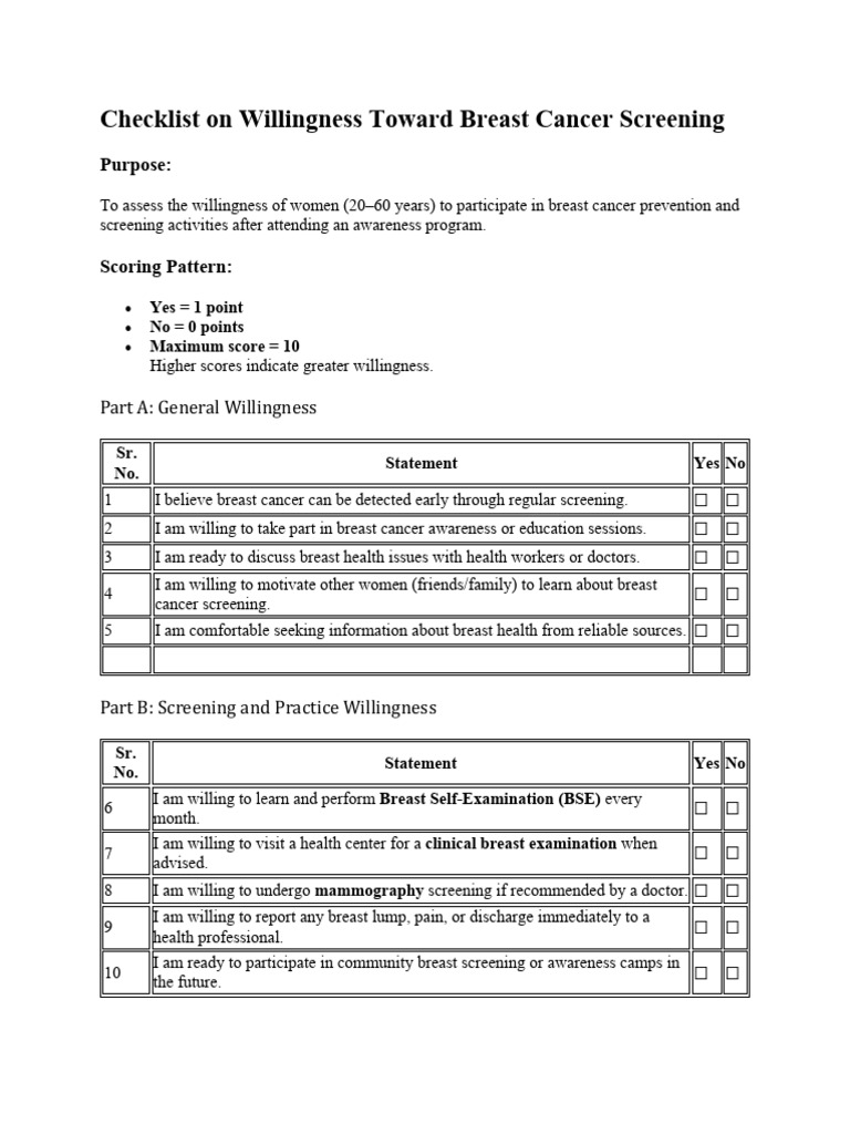 Breast Cancer Screening Willingness Checklist | PDF | Breast Cancer ...