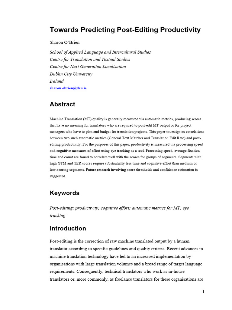 O’Brien, S. (2011) „Towards Predicting Post-Editing Productivity“ | PDF ...