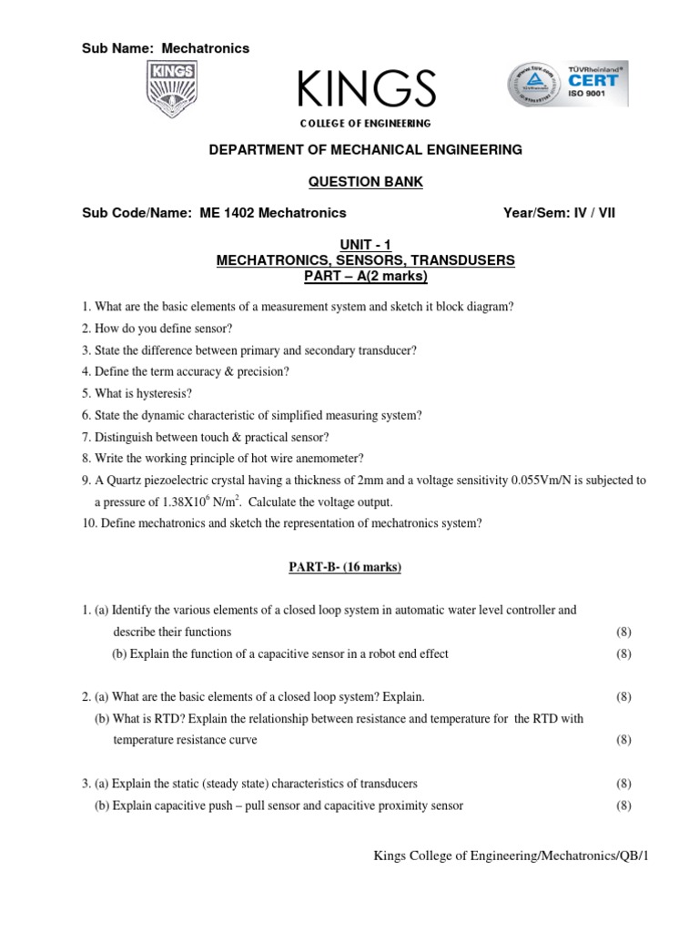 Mechatronics Question Bank for Engineering | PDF | Programmable Logic ...