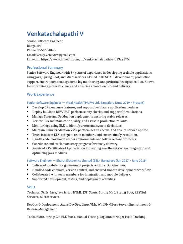 Senior Software Engineer Profile - Venkatachalapathi V | PDF