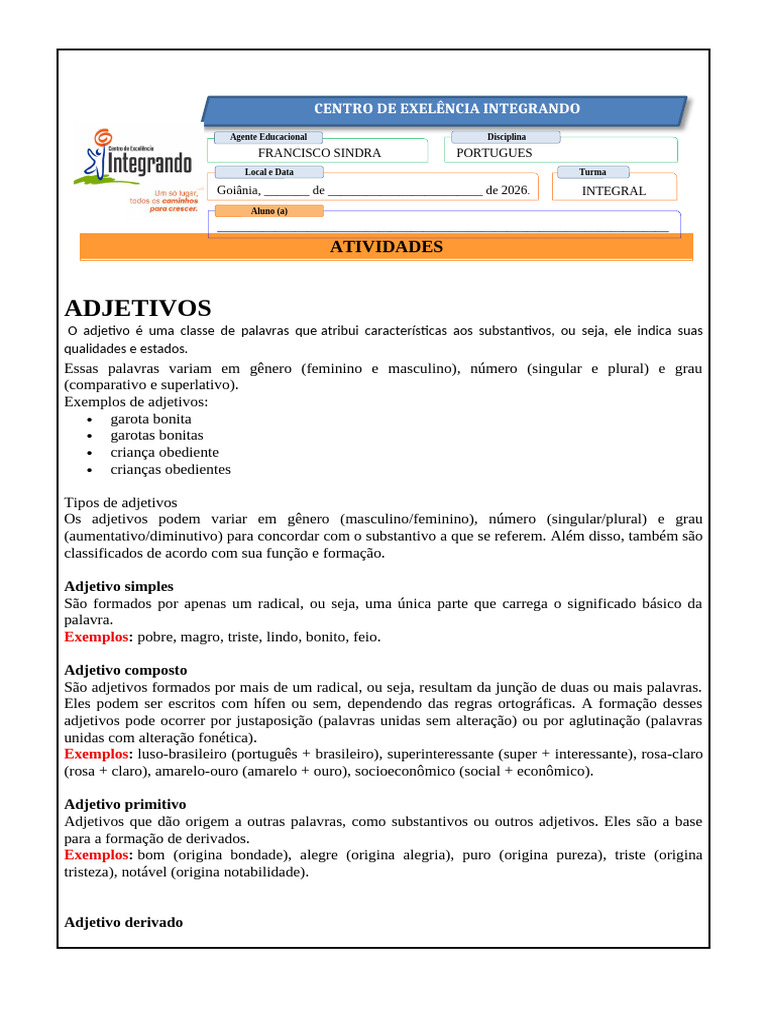 Adjetivos , 7 Ano Portugues Fran (1) | PDF | Adjetivo | Famílias ...