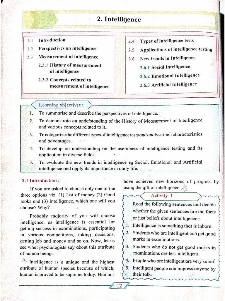 Chapter 2 - Intelligence - Psychology 12TH STD Notes | PDF