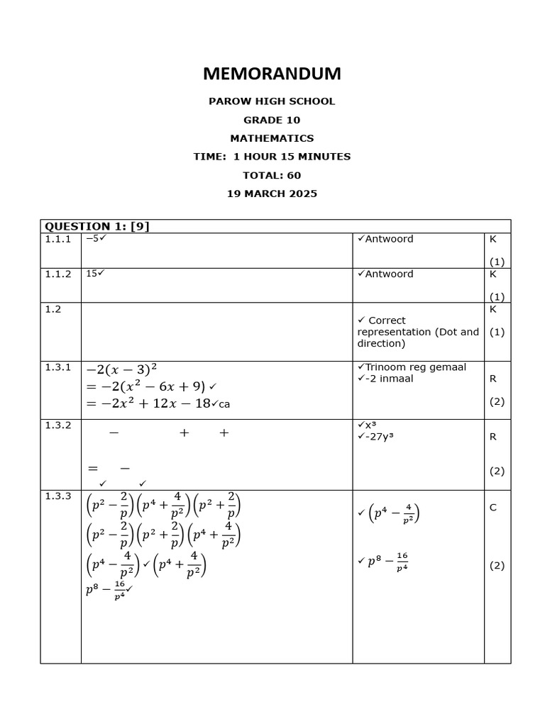 Grade 10 Mathematics Exam Solutions | PDF