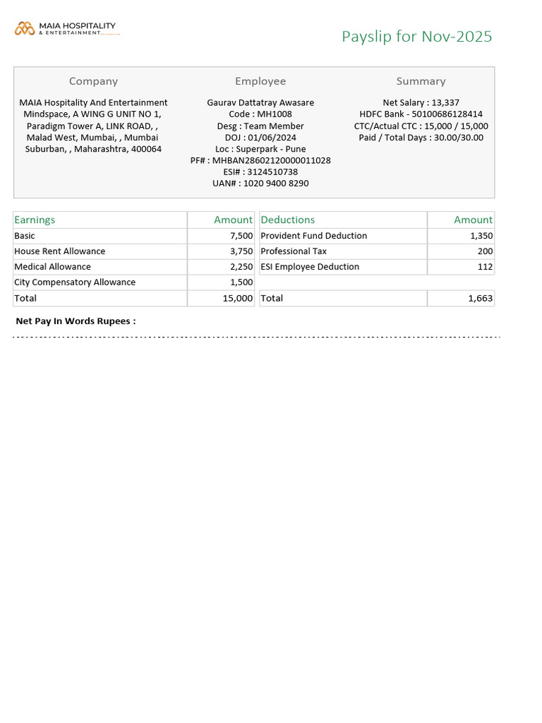 November 2025 Payslip Summary | PDF