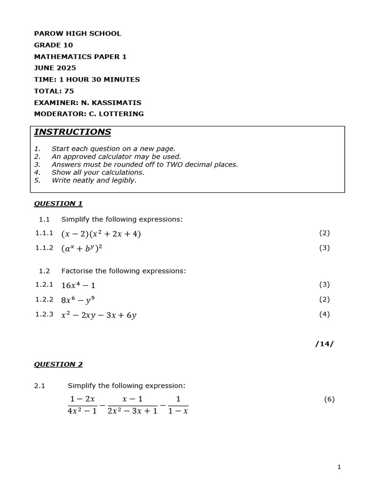 Grade 10 Mathematics Exam Paper | PDF | Function (Mathematics ...