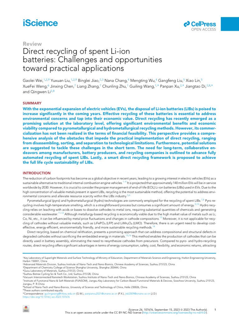 Direct Recycling of Li-ion Batteries: Challenges | PDF | Lithium Ion ...