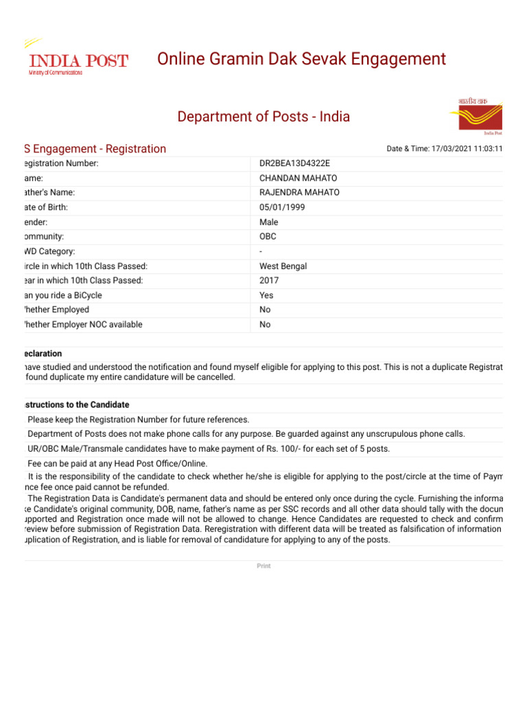 Https Indiapostgdsonline.in Gdsonlinec3p6 Reg Print.aspx | PDF | Payments