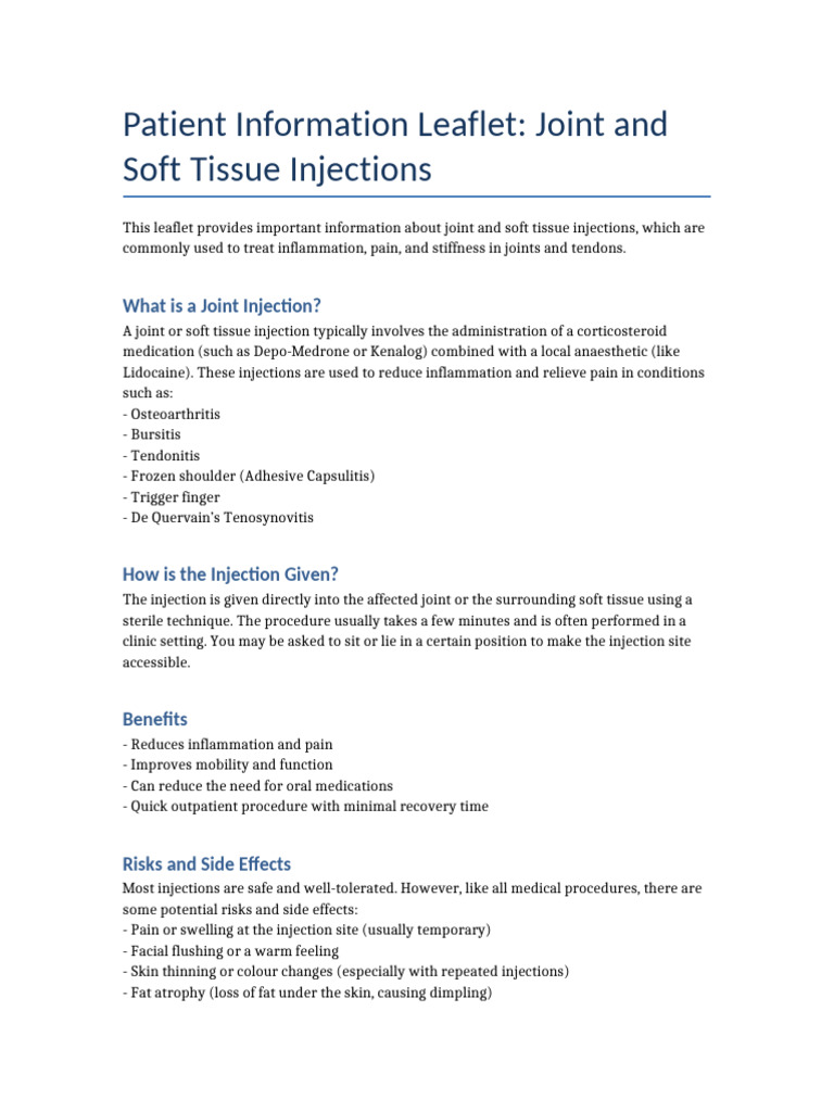 Joint and Soft Tissue Injection Guide | PDF | Injection (Medicine) | Pain