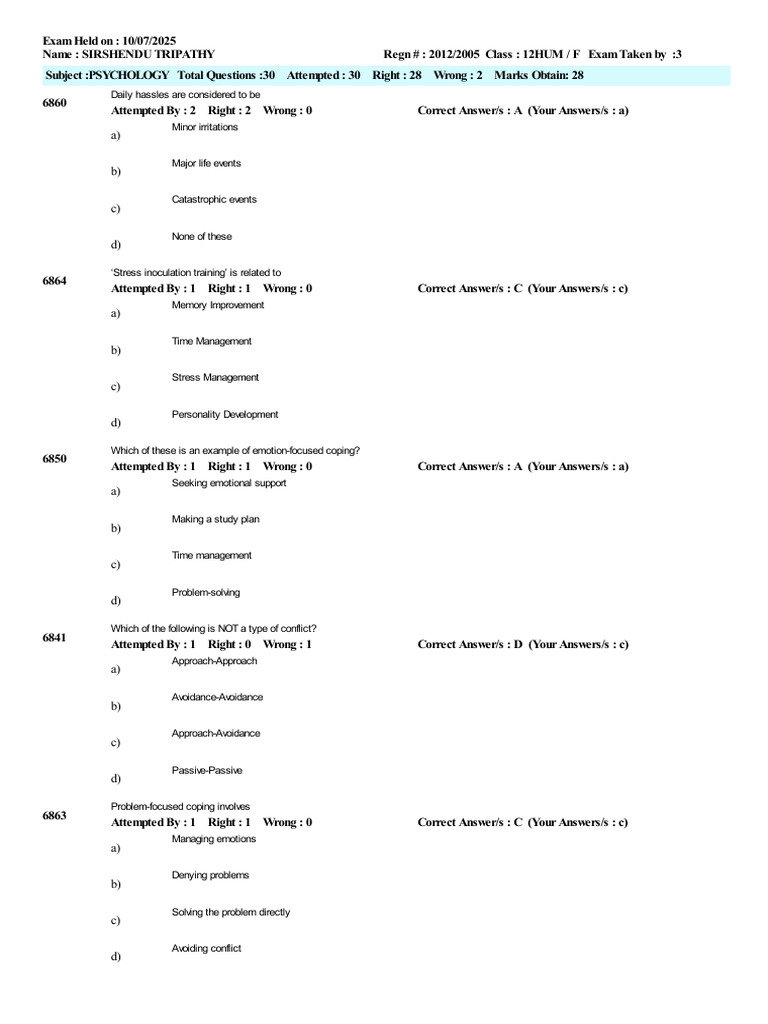 Psychology Exam: Stress and Coping Strategies | PDF | Stress (Biology ...