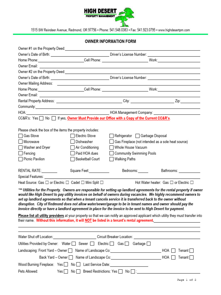 Owner Information Form for Rental Property | PDF