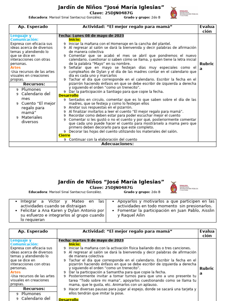 Actividades del Jardín de Niños para Mamá | PDF | Educación de la ...