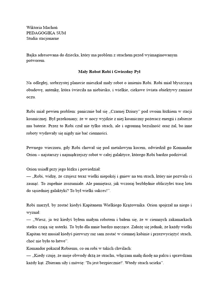 Bajka Mały Robot Robi I Gwiezdny Pył | PDF