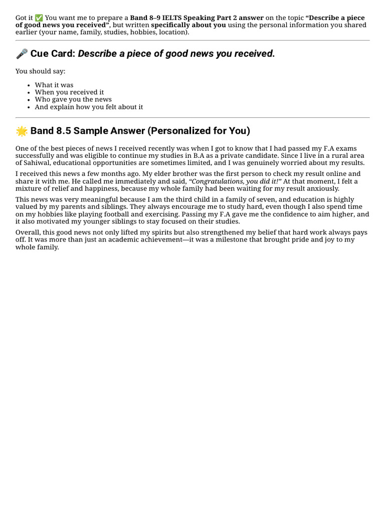 Band 8-9 IELTS Speaking Sample Answer | PDF