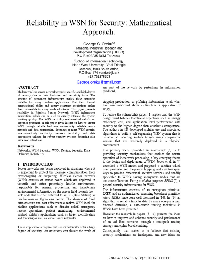 Enhancing WSN Security Through Reliability | PDF | Wireless Sensor ...