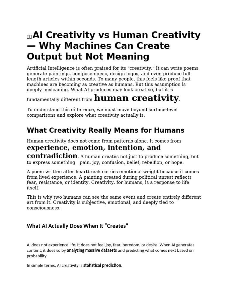 AI vs Human Creativity: Key Differences | PDF | Intelligence (AI ...