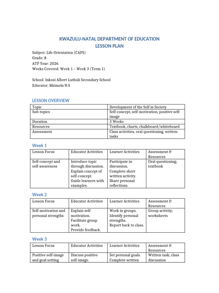Grade 8 Life Orientation Lesson Plan | PDF