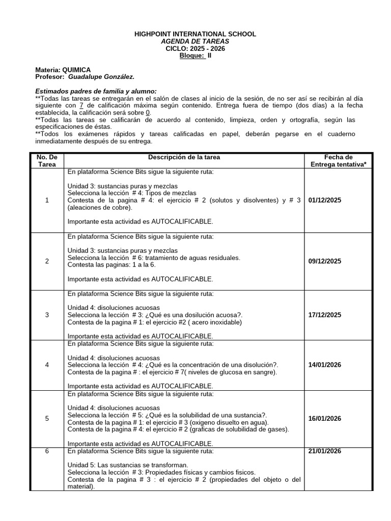 Tareas de Química 2025-2026 Highpoint | PDF | Sustancias químicas | Química
