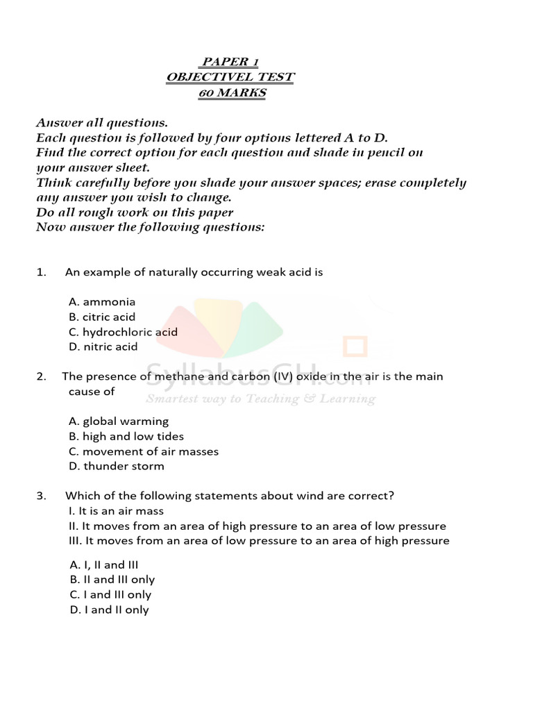 Objective Test Questions for Science | PDF | Atmosphere Of Earth