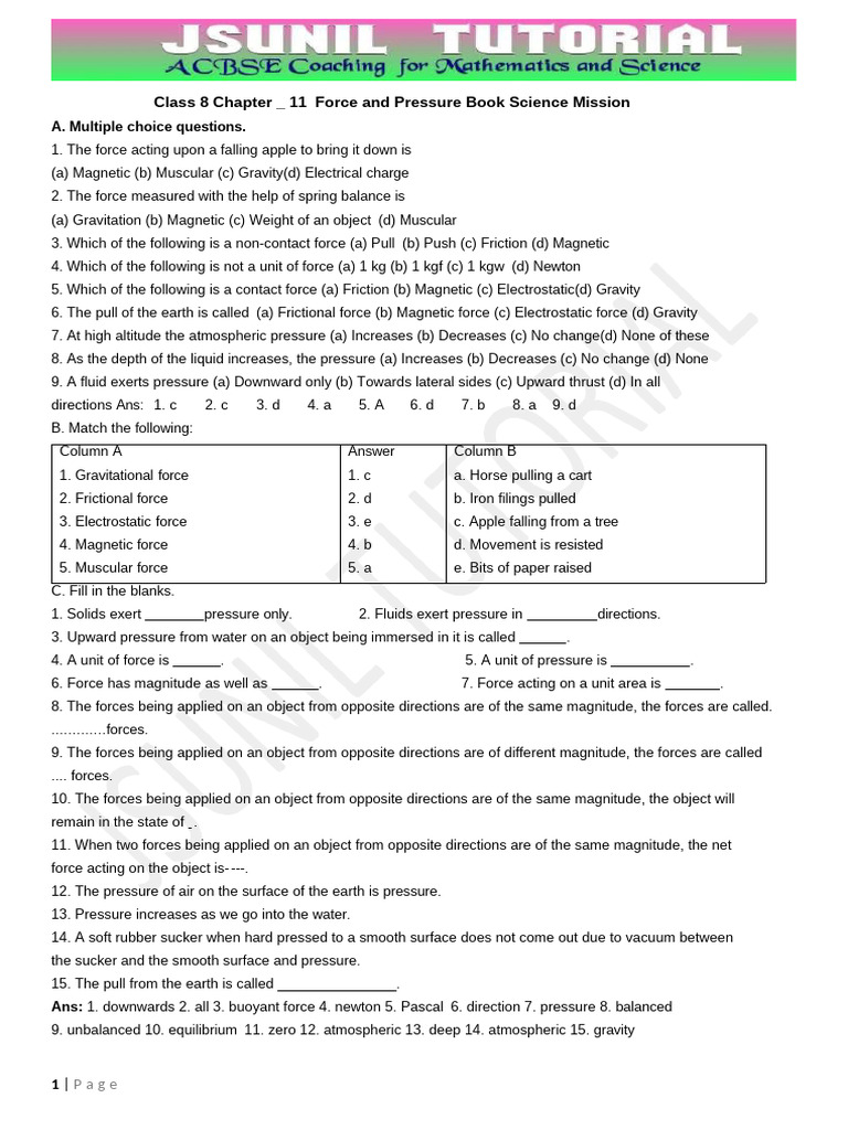 Class 8 Chapter 11 Force and Pressure Book Science Mission | PDF ...