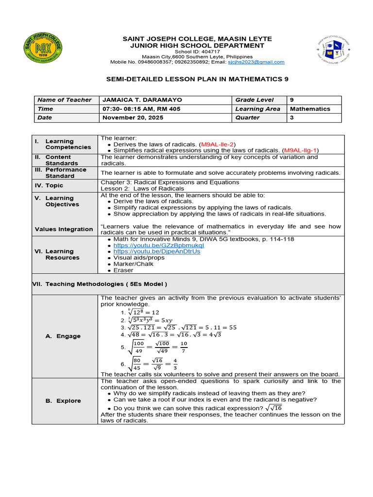 Mathematics 9 Lesson Plan: Laws of Radicals | PDF | Mathematics