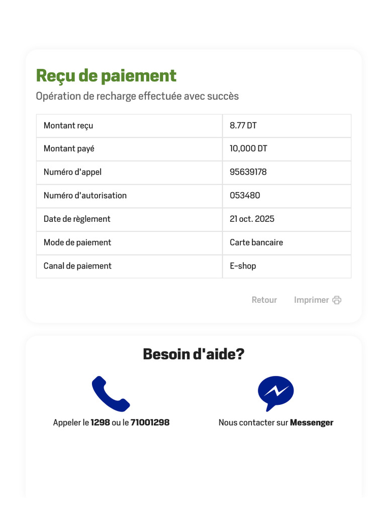 Reçu de paiement Tunisie Telecom | PDF