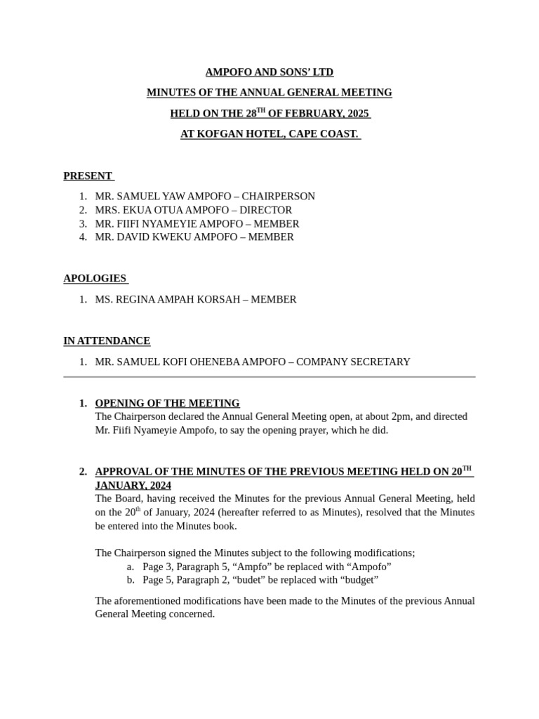 Company AGM Minutes Sample by Ampofo Samuel Kofi Oheneba | PDF